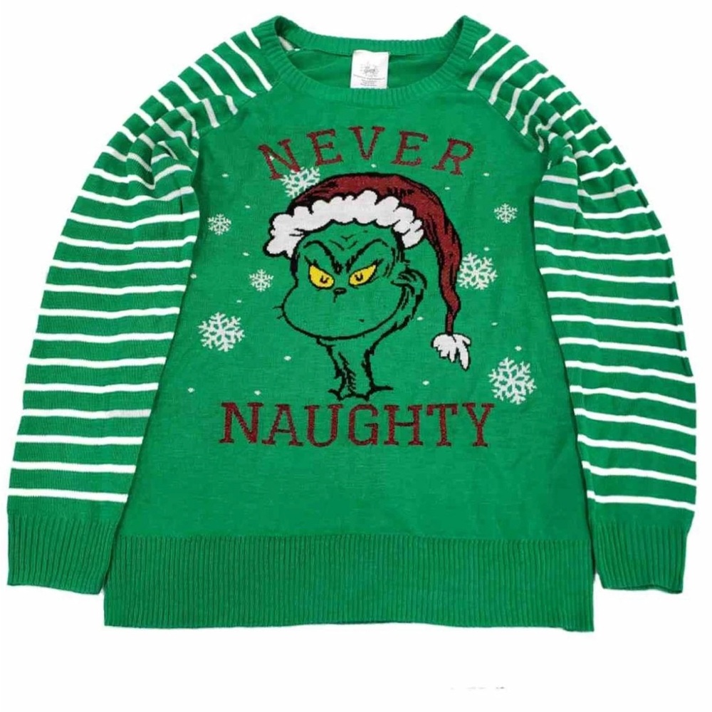 Green Grinch Christmas never naughty Sweater size large